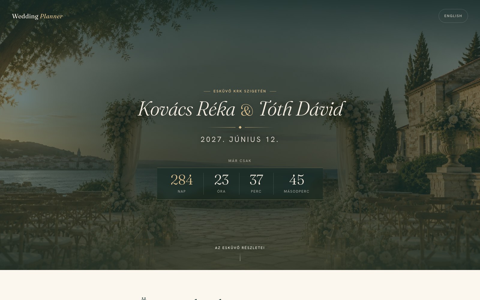 Pároldal a Wedding Planner esküvőszervező rendszerben: nevek, dátum és visszaszámláló